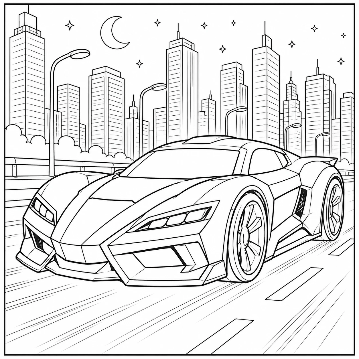 Moderne superauto op een stadsweg met hoge gebouwen en strakke lijnen