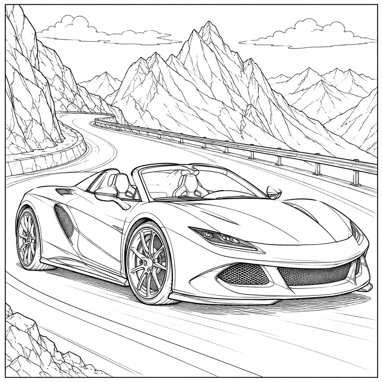 Kleurplaat auto ferrari op een kronkelende bergweg tussen hoge rotsachtige bergtoppen