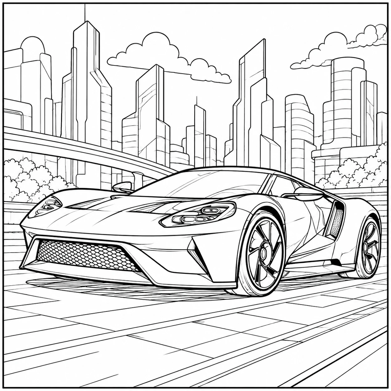 Sportieve lage sportauto op een stadsweg met hoge gebouwen en strakke lijnen