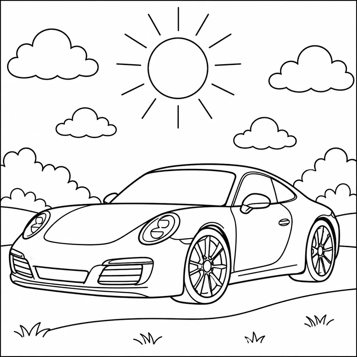 Sportwagen onder een heldere zon met wolken en een eenvoudig buitenlandschap
