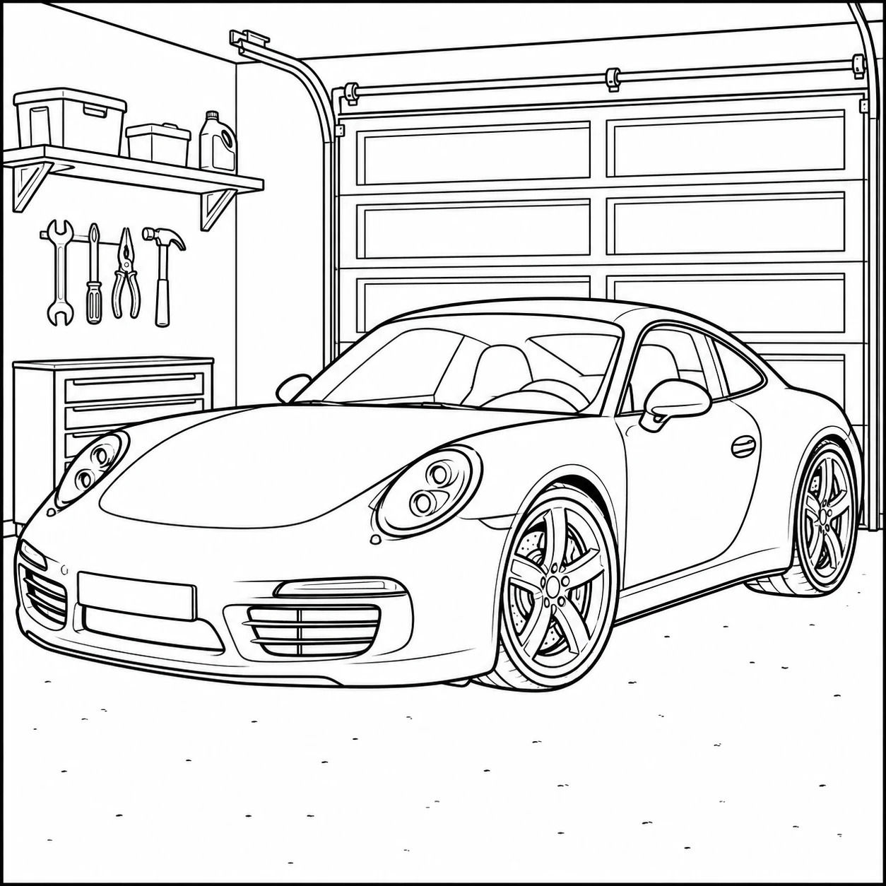 Elegante sportwagen in een garage met gereedschap en een grote garagedeur op de achtergrond