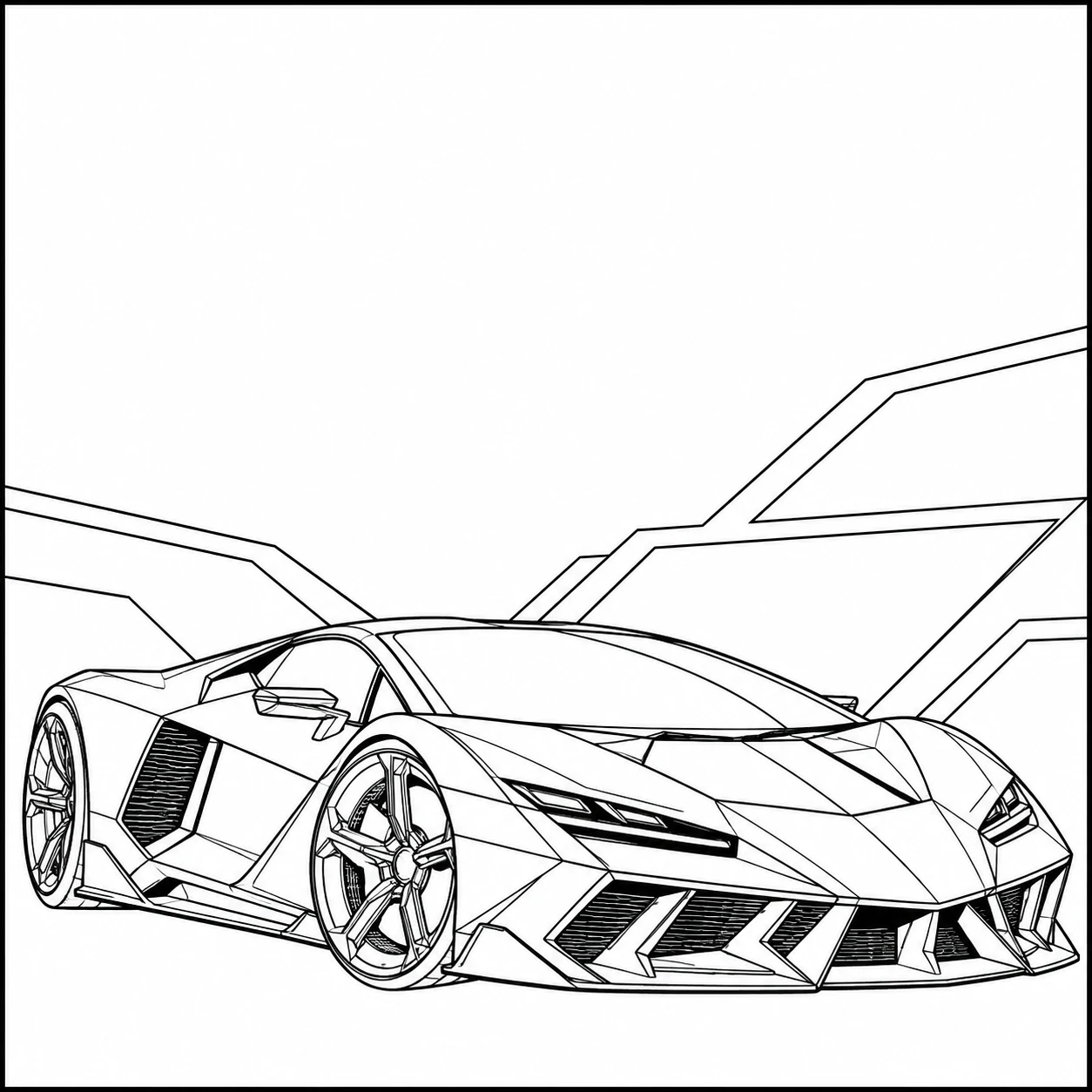 Hoekige kleurplaat auto lamborghini tegen een abstracte achtergrond met brede sportvelgen