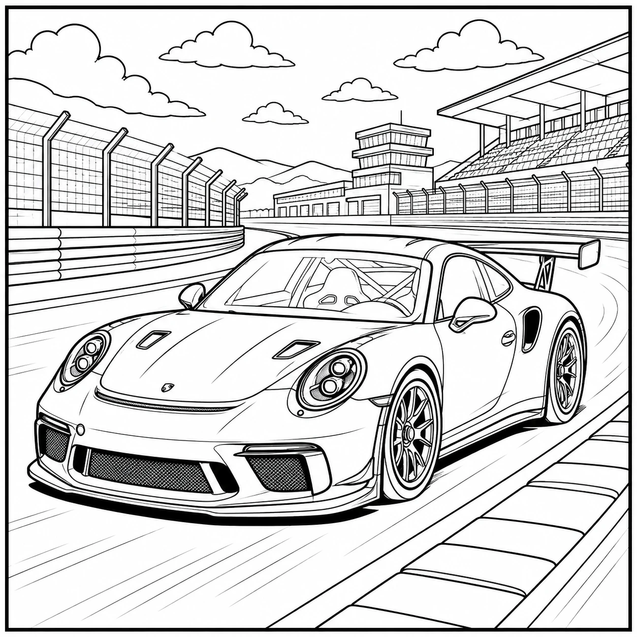 Moderne sportwagen op een racecircuit met brede banden en een strakke carrosserie om te kleuren
