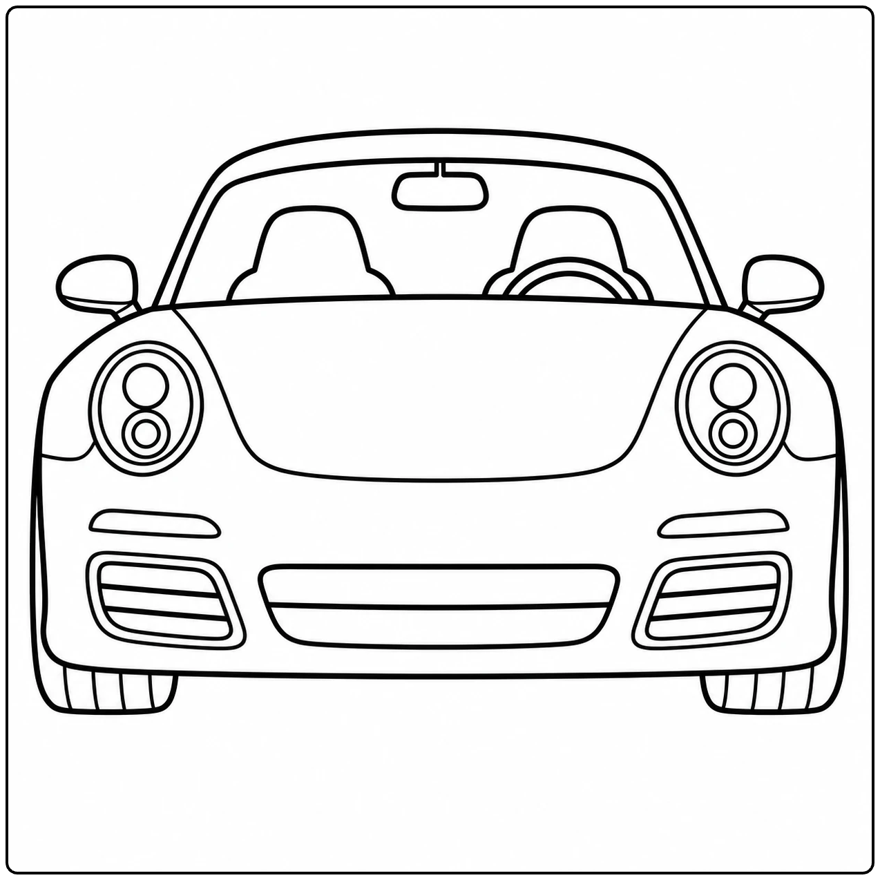 Een kleurplaat auto porsche met een sportwagen van voren en ronde koplampen voor kinderen