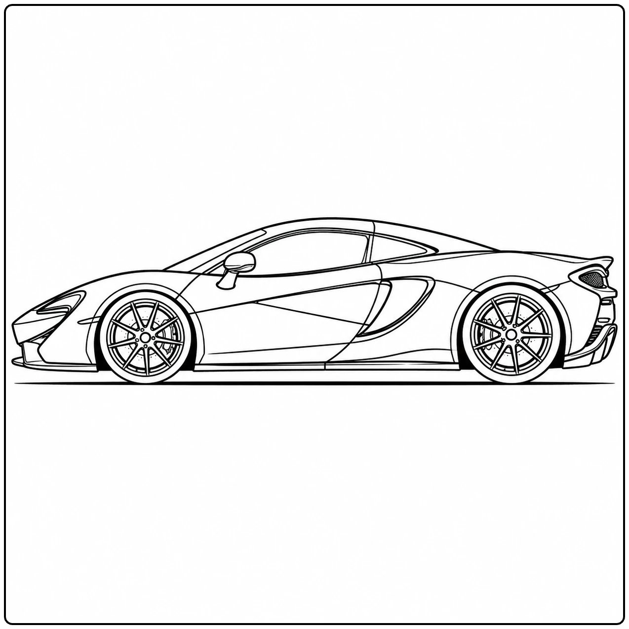 Strakke zijaanzichttekening van een lage supercar met grote wielen en aerodynamische details