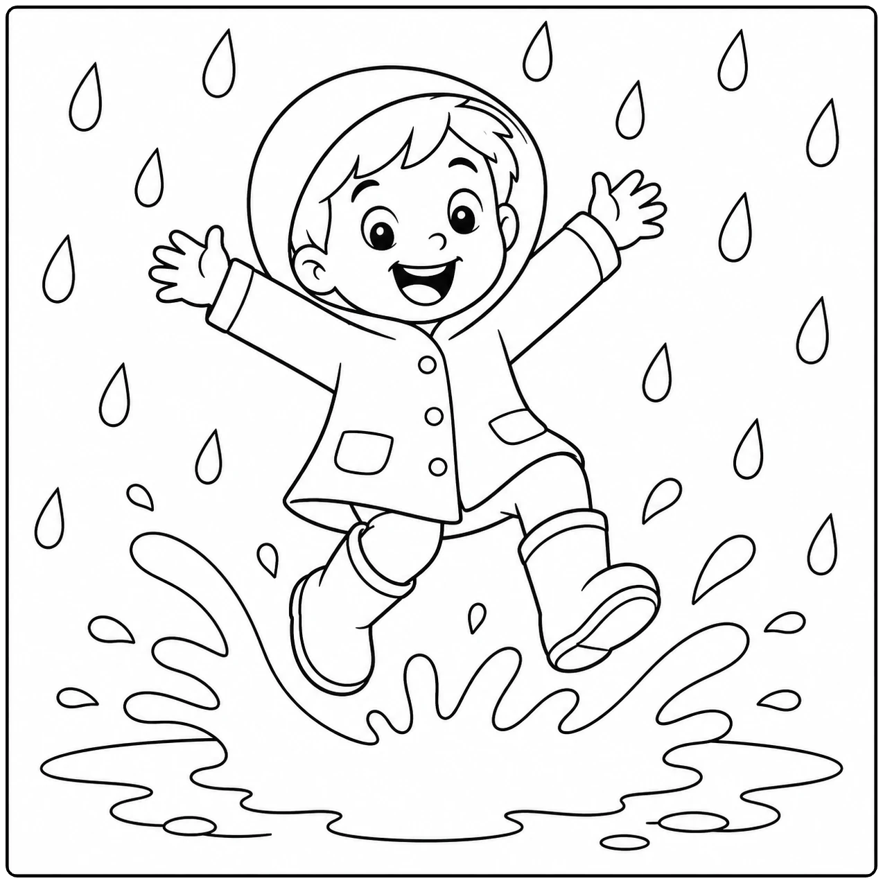 Een blij kind springt met regenlaarzen in een plas op deze Regen Kleurplaat