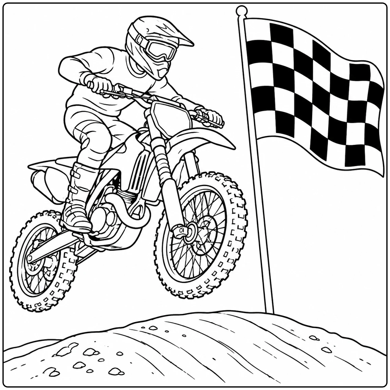 Een springende rijder naast de finishvlag maakt deze crossmotor kleurplaat extra dynamisch