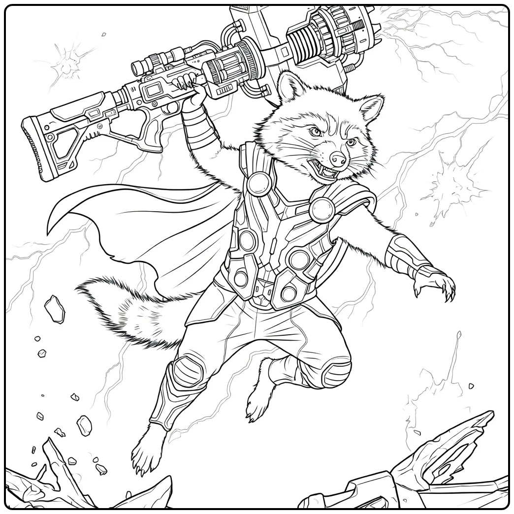 Dynamische antropomorfe wasbeer met harnas en cape die springt terwijl hij een groot wapen richt Rocket Raccoon Kleurplaat