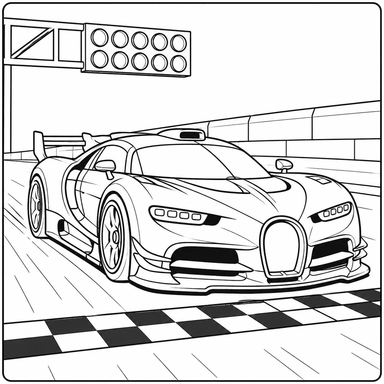 Race-Bugatti rijdt over de geblokte finishlijn terwijl startlichten boven het circuit hangen.