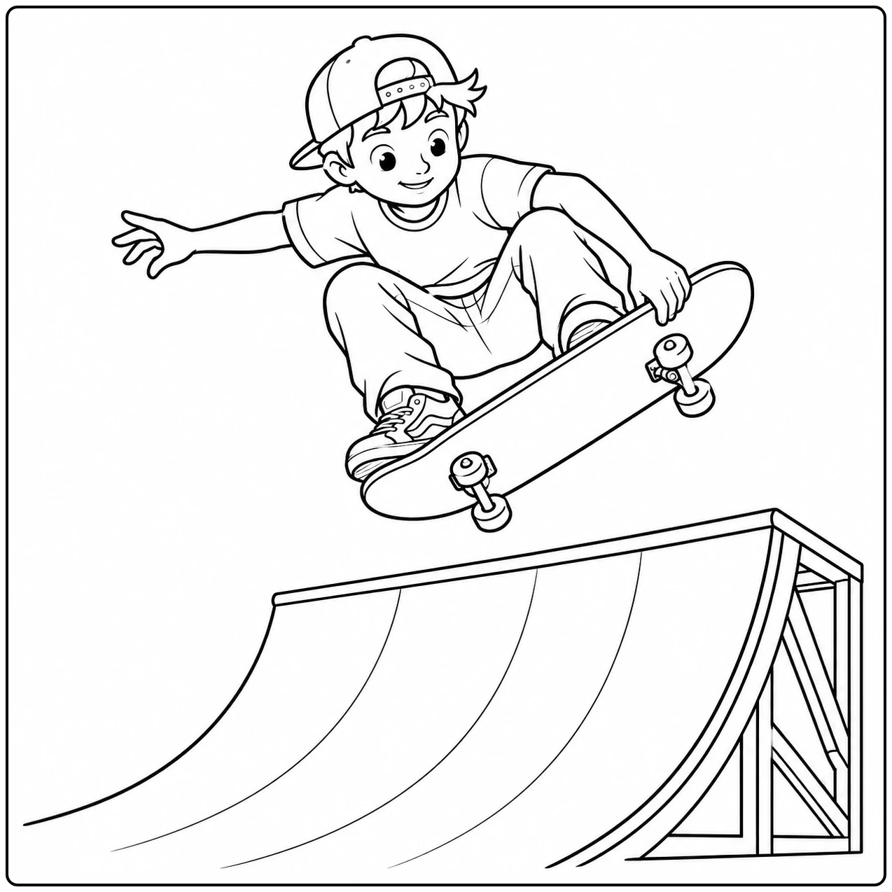 Skateboarder springt boven een hoge schans terwijl zijn board schuin onder zijn voeten door de lucht gaat