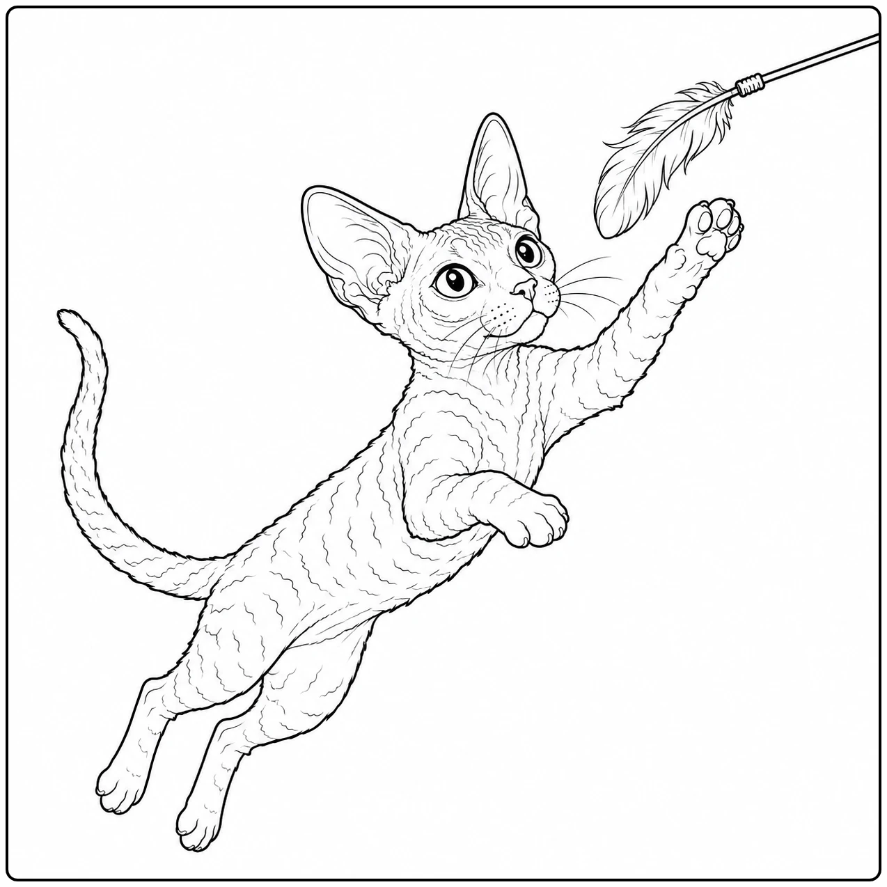 Springende kitten strekt een voorpoot uit naar een bungelende veer aan een takje.