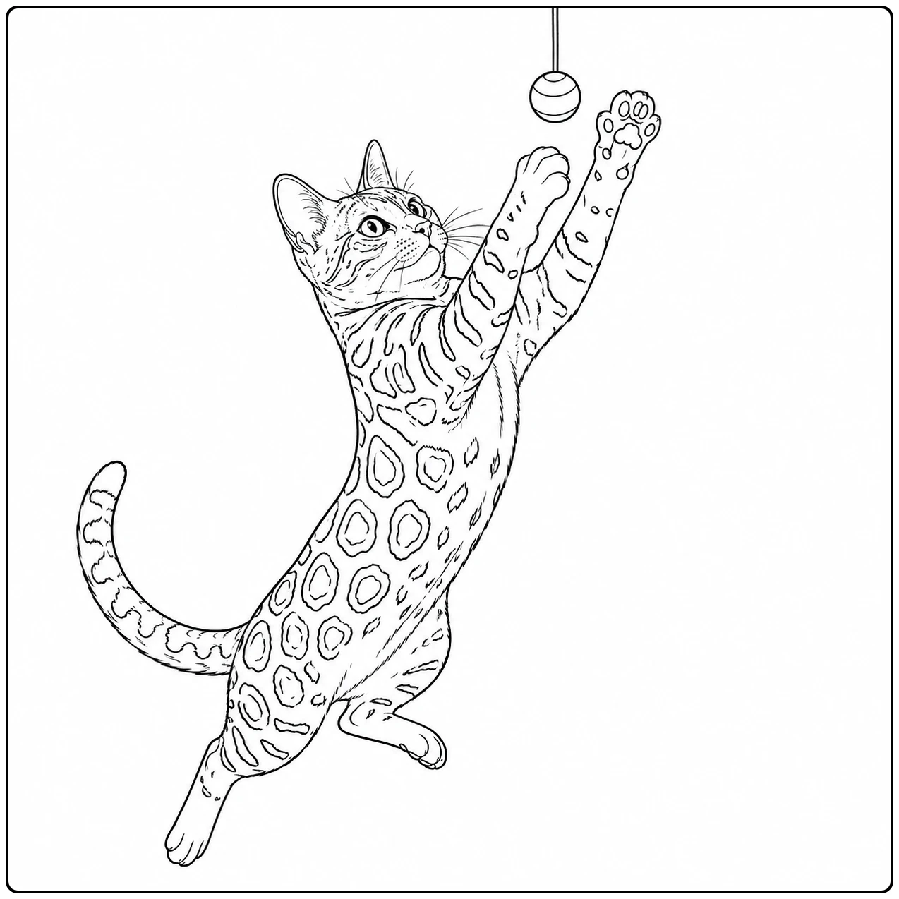 Springende Bengaalse kat reikt met beide voorpoten naar een hangend speeltje.