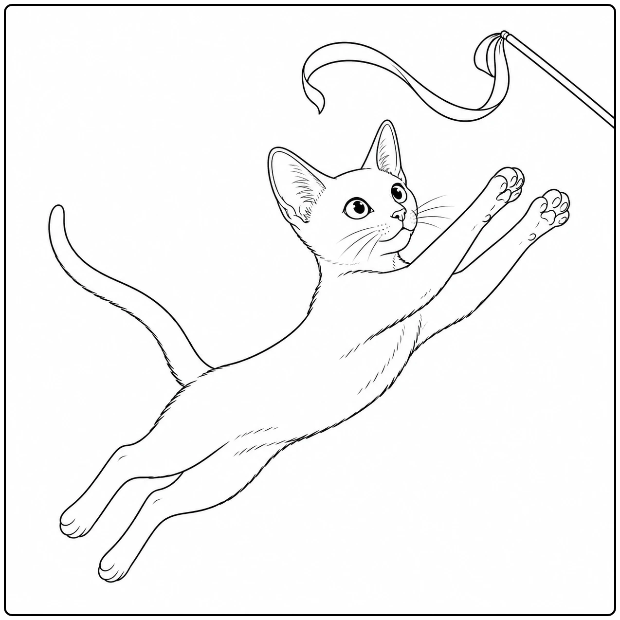 Springende kat strekt beide voorpoten uit naar een lint dat boven haar hoofd bungelt.