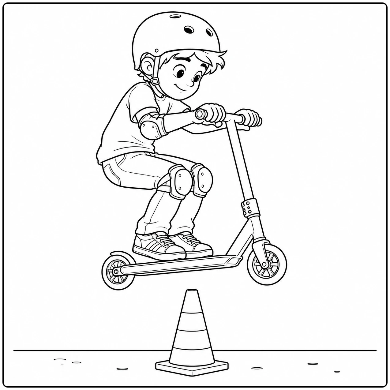Kind met helm maakt een sprong op de step boven een pion tijdens een sportieve oefening