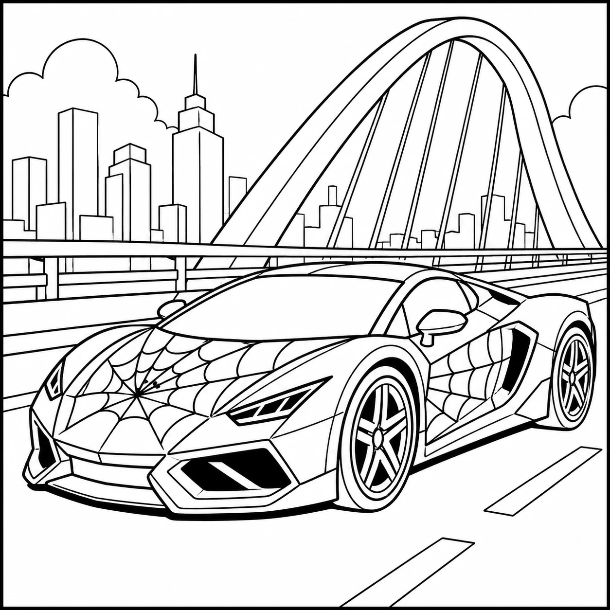 Sportwagen met aerodynamische vormen rijdt over een brug met een stadsachtergrond