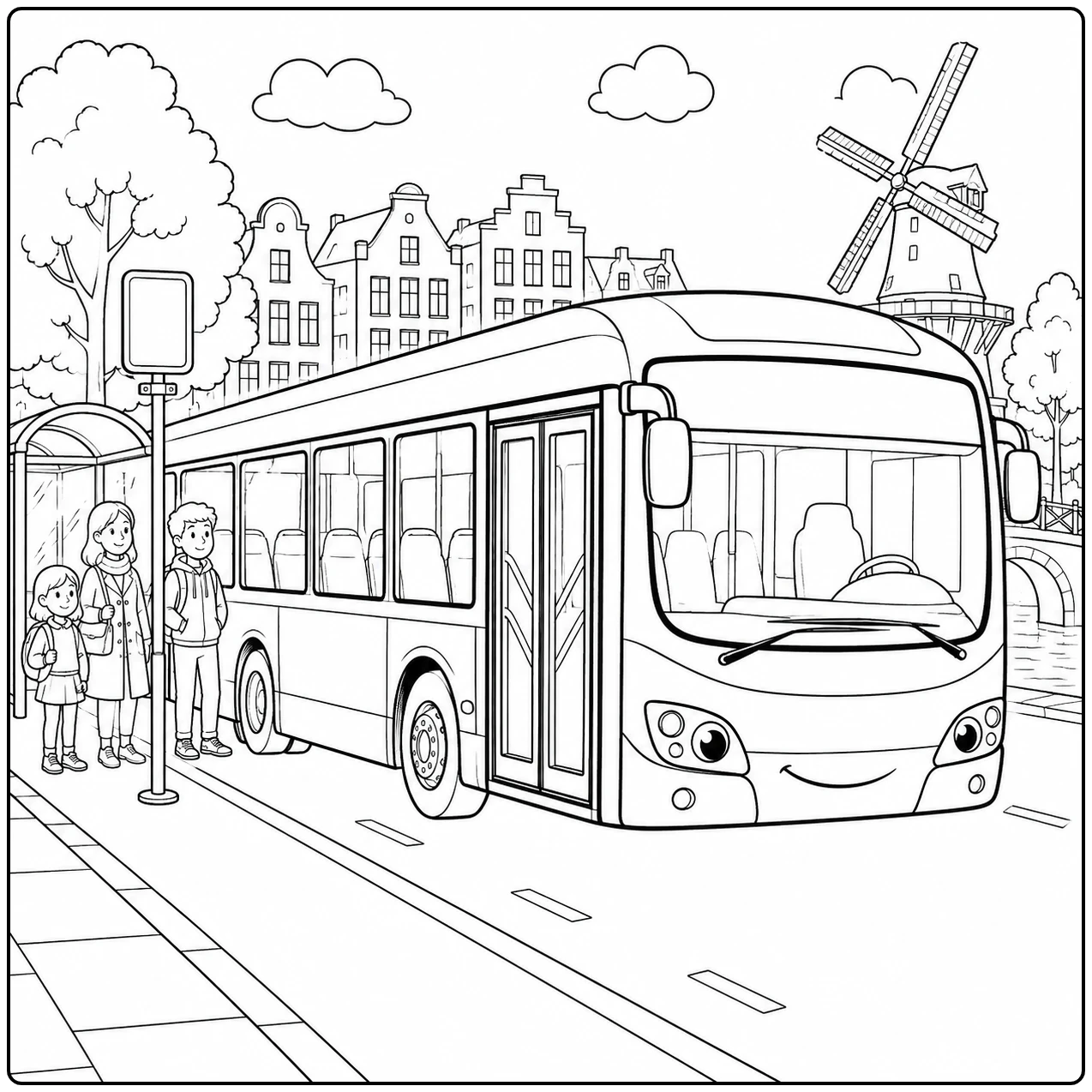 Een stadsbus stopt bij reizigers, met een kleurplaat bus voor grachtenpanden en een windmolen