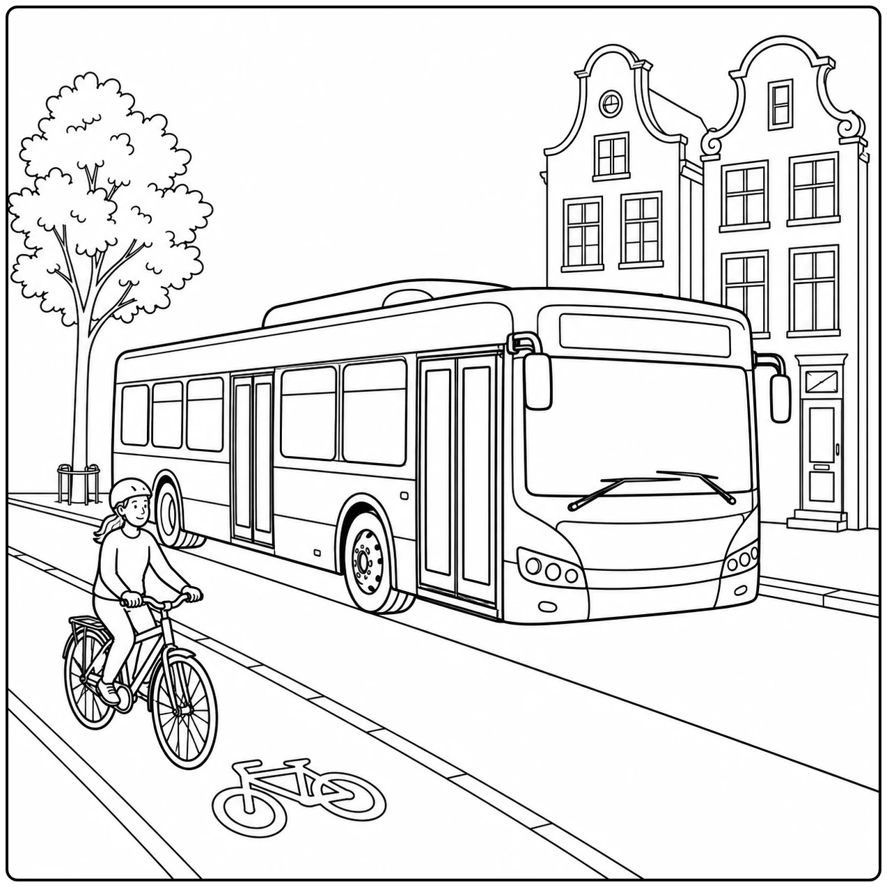 Stadsbus naast een fietser in een straat met hoge huizen, bomen en een fiets op de grond