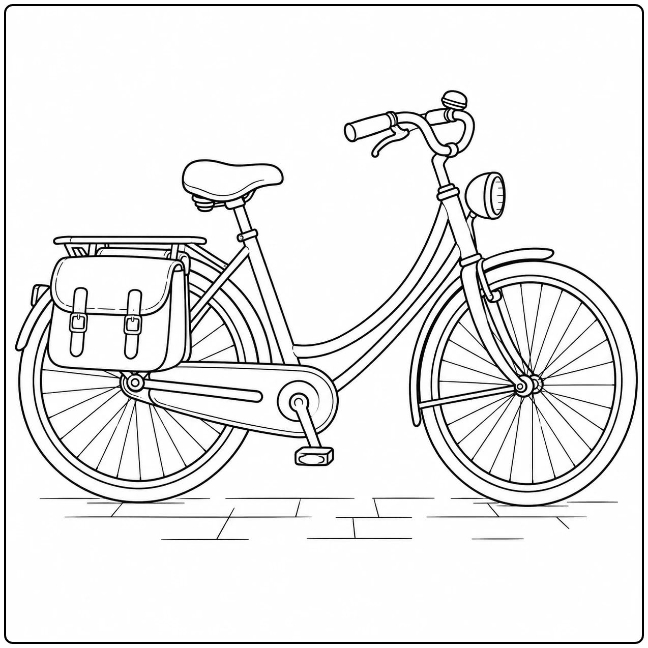 Traditionele damesfiets met achtertas, bagagedrager en ronde koplamp op een eenvoudige straat