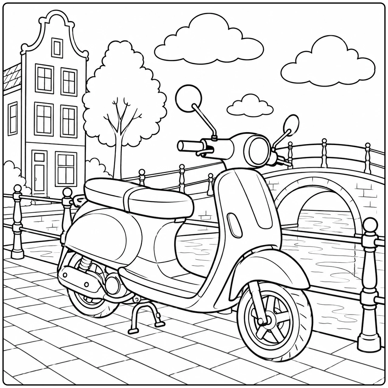 Geparkeerde scooter bij een grachtenbrug als kleurplaat motor yamaha