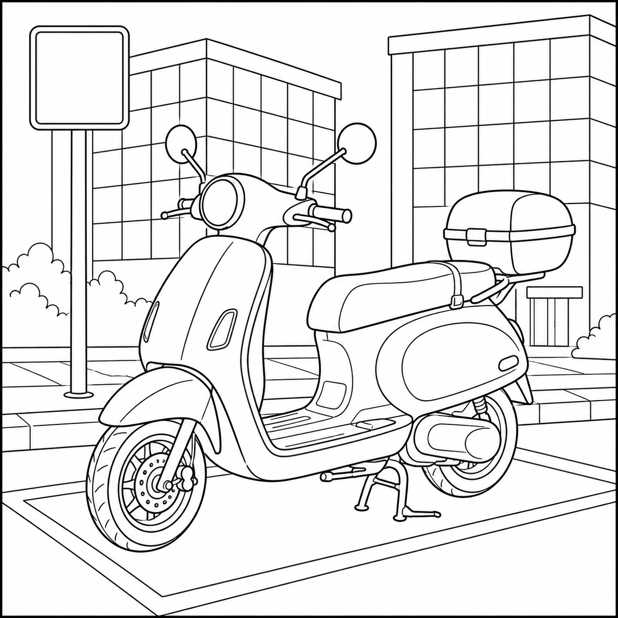 Stadsscooter met topkoffer in een parkeervak, uitgewerkt als vespa kleurplaat tussen moderne gebouwen