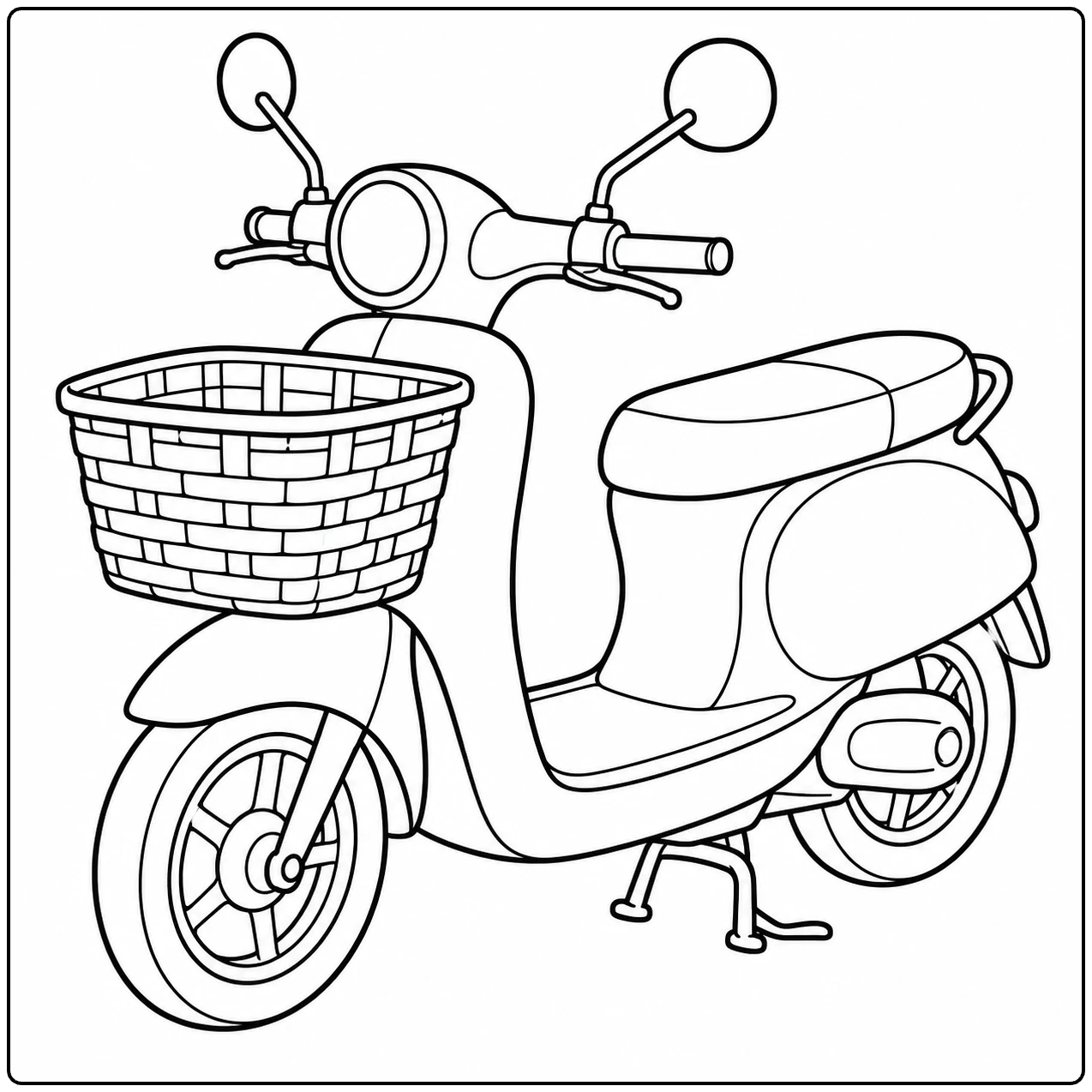 Stadsscooter met een grote gevlochten mand voorop, ronde koplamp en kleine wielen
