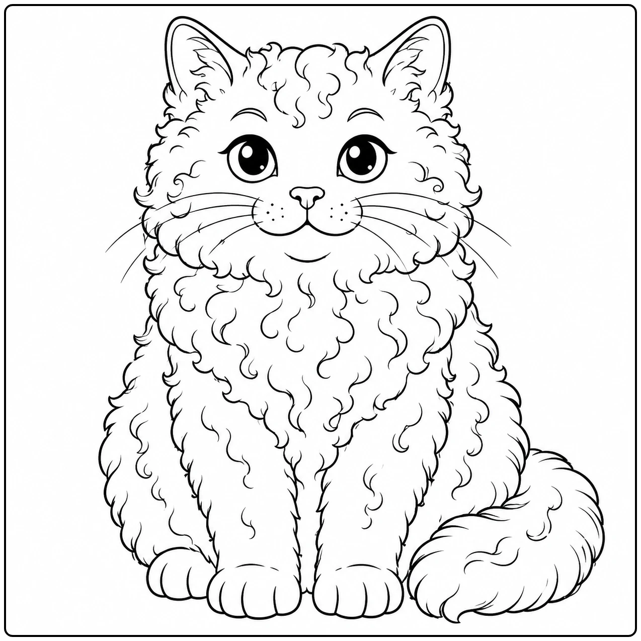 Statige kat met volle krulvacht en brede borst zit rustig met de pluimstaart aan één kant.