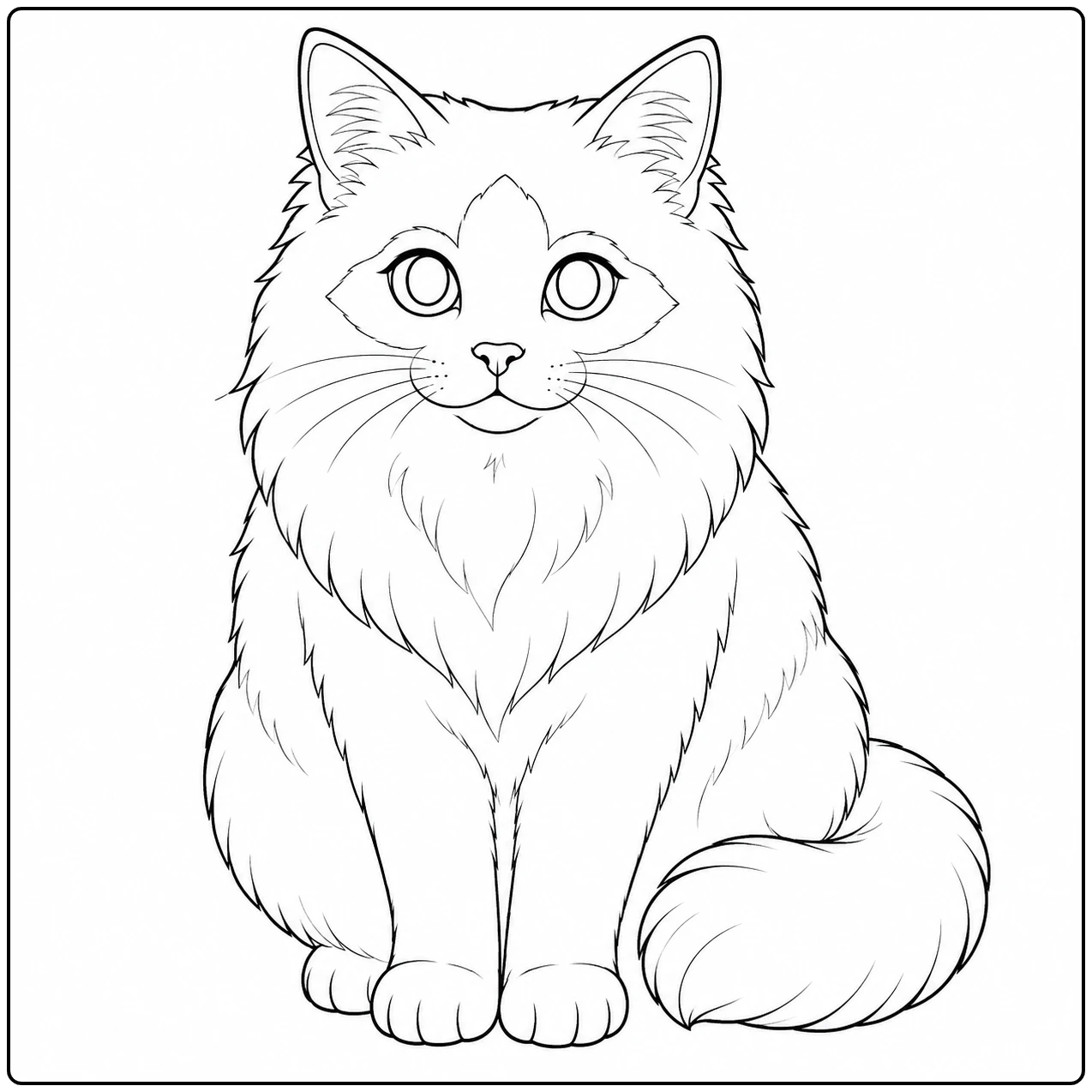 Statige langharige kat zit rechtop met een volle borst en een dikke staart die naast haar poten krult.