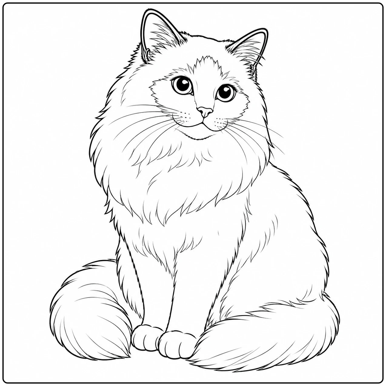 Volle, zittende Birmaanse kat met een dikke halskraag en een brede staart die rustig langs de poten ligt.