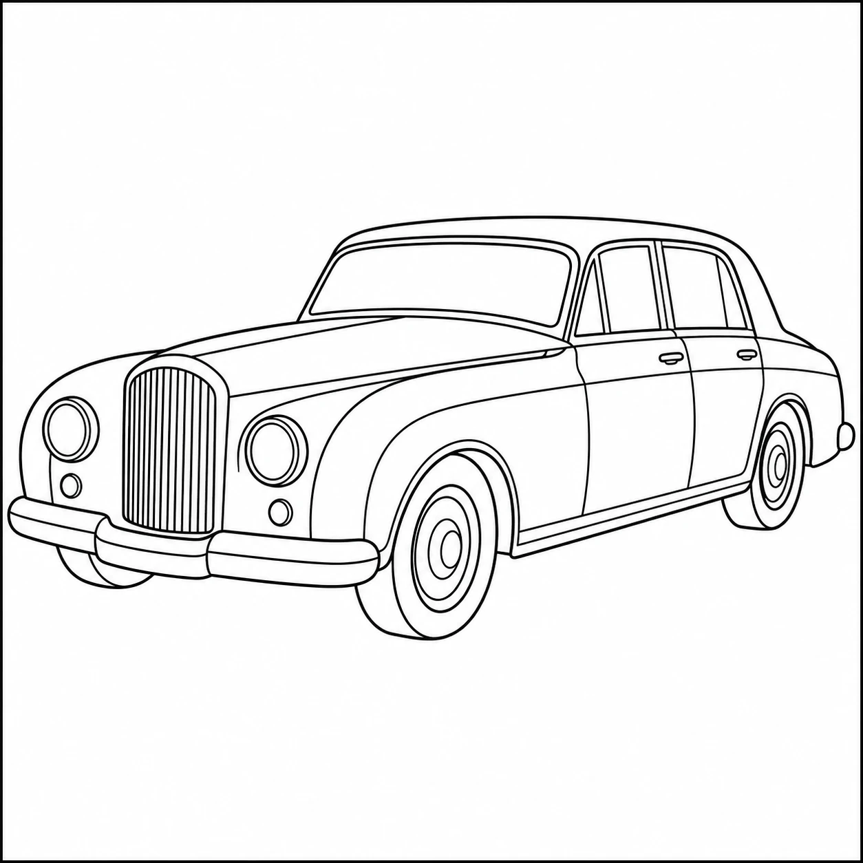 Statige klassieke sedan in schuin vooraanzicht met lange motorkap, sierlijke grille en verfijnde wielen.