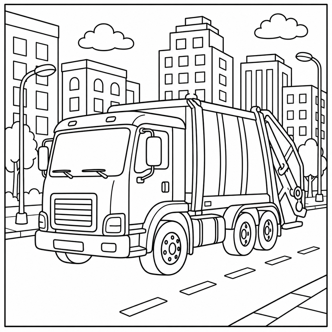 Stadsafvalwagen met grote laadbak en hoge gebouwen op de achtergrond