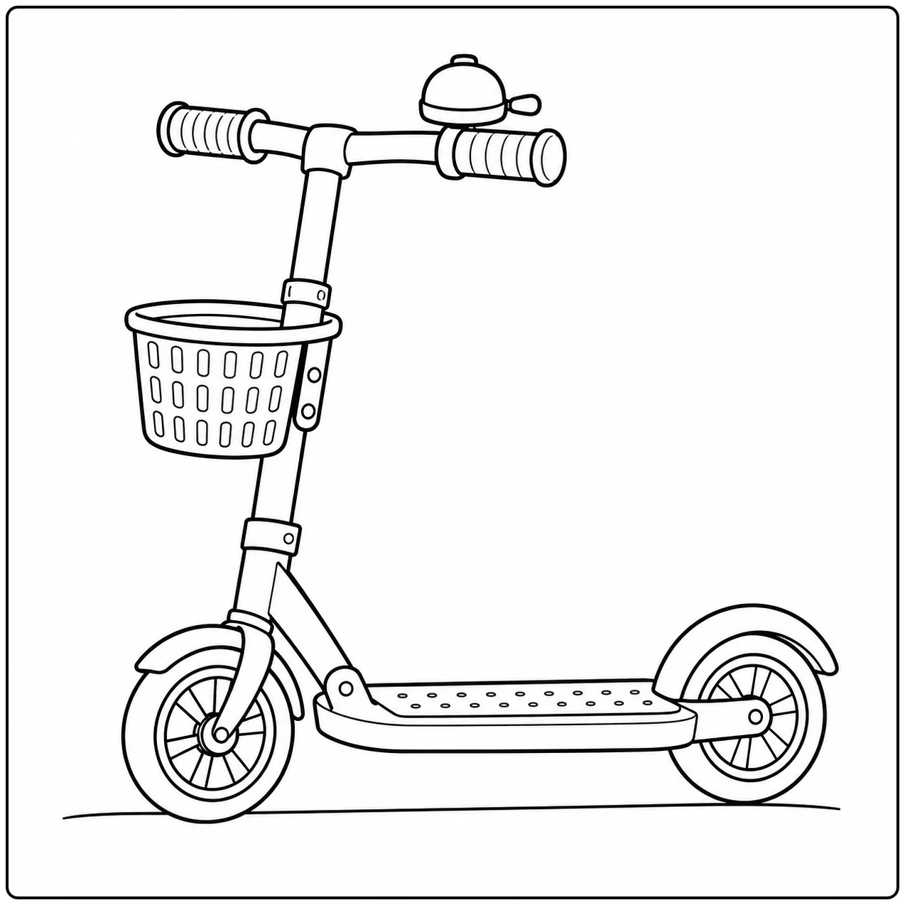 Een losse step met fietsmand, bel en duidelijk zichtbare wielen op een eenvoudige achtergrond
