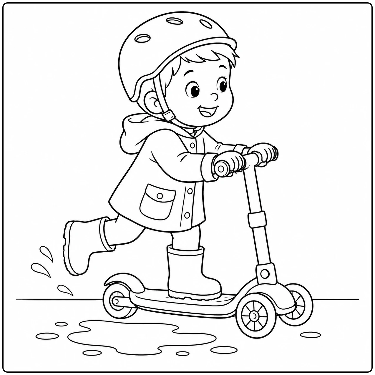 Kind met helm rijdt door een plas op de step, een vrolijke kleurplaat step met opspattend water