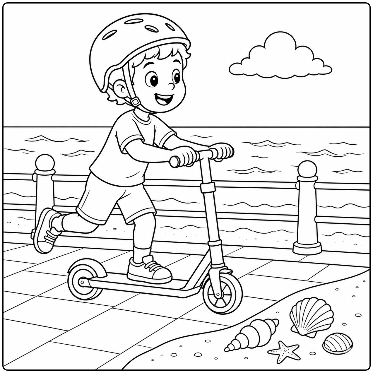 Langs de zee rijdt een kind op de step over de boulevard met schelpen en een zeester