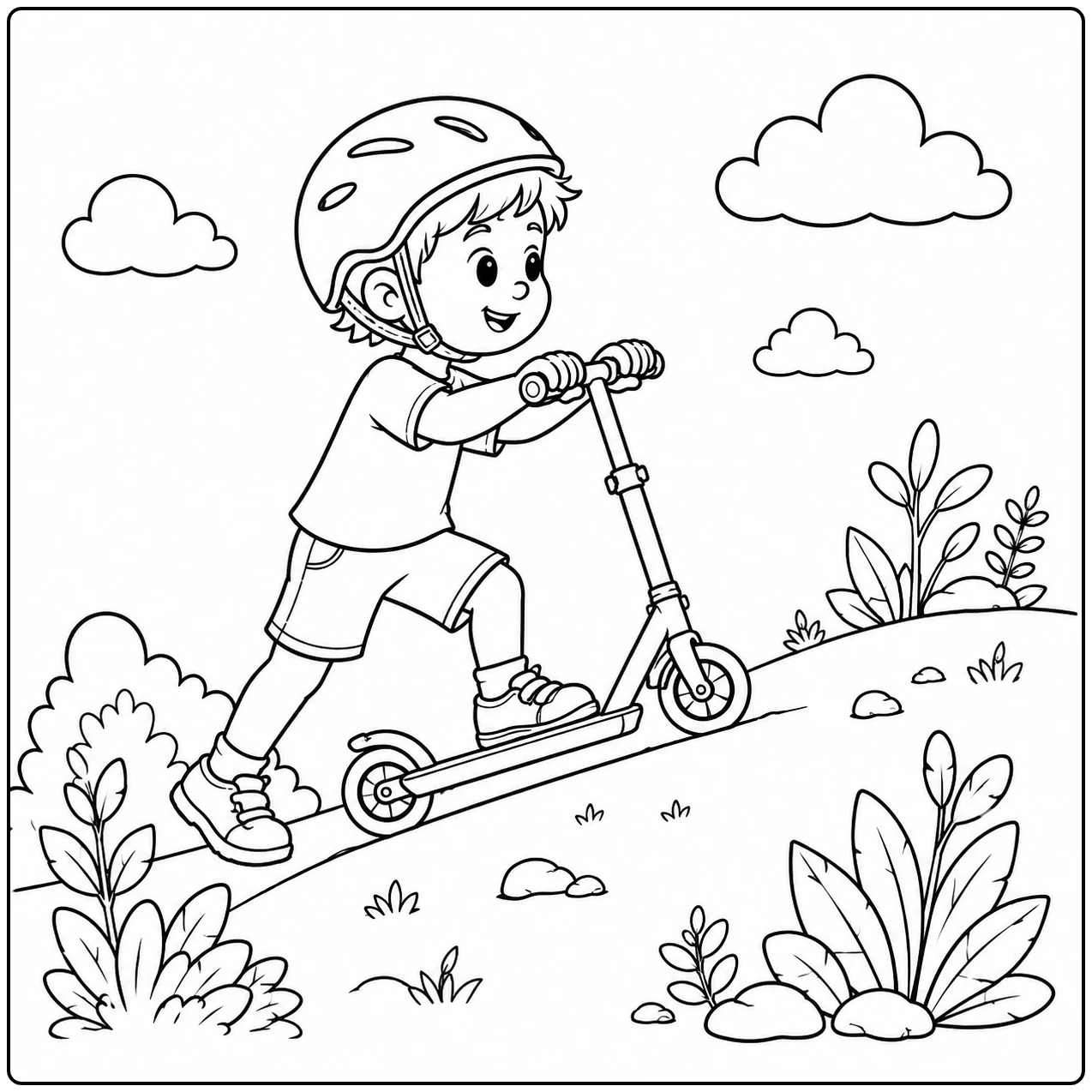 Kind met helm rijdt voorzichtig met de step over een oneffen pad tussen stenen en planten