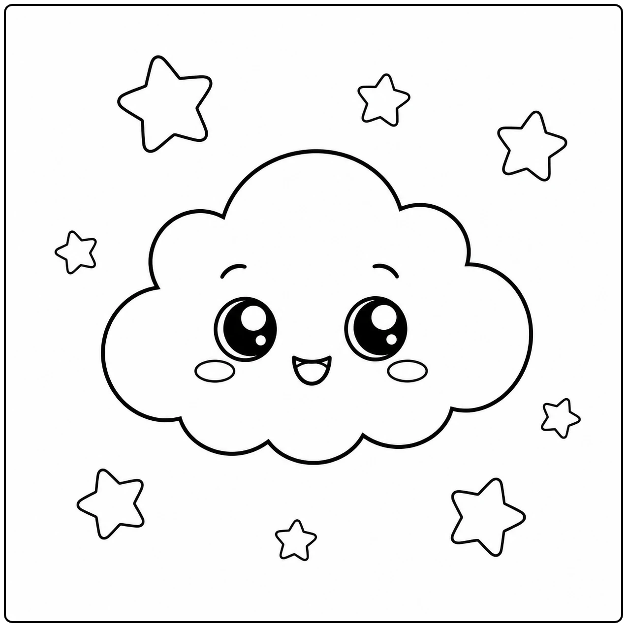 Schattig wolkje met grote ogen en een glimlach, omringd door kleine sterren.