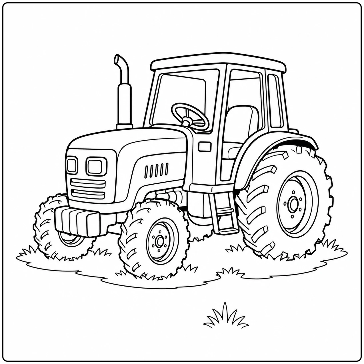 Gedetailleerde tractor schuin van voren met cabine, diepe bandenprofielen en gras rond de wielen