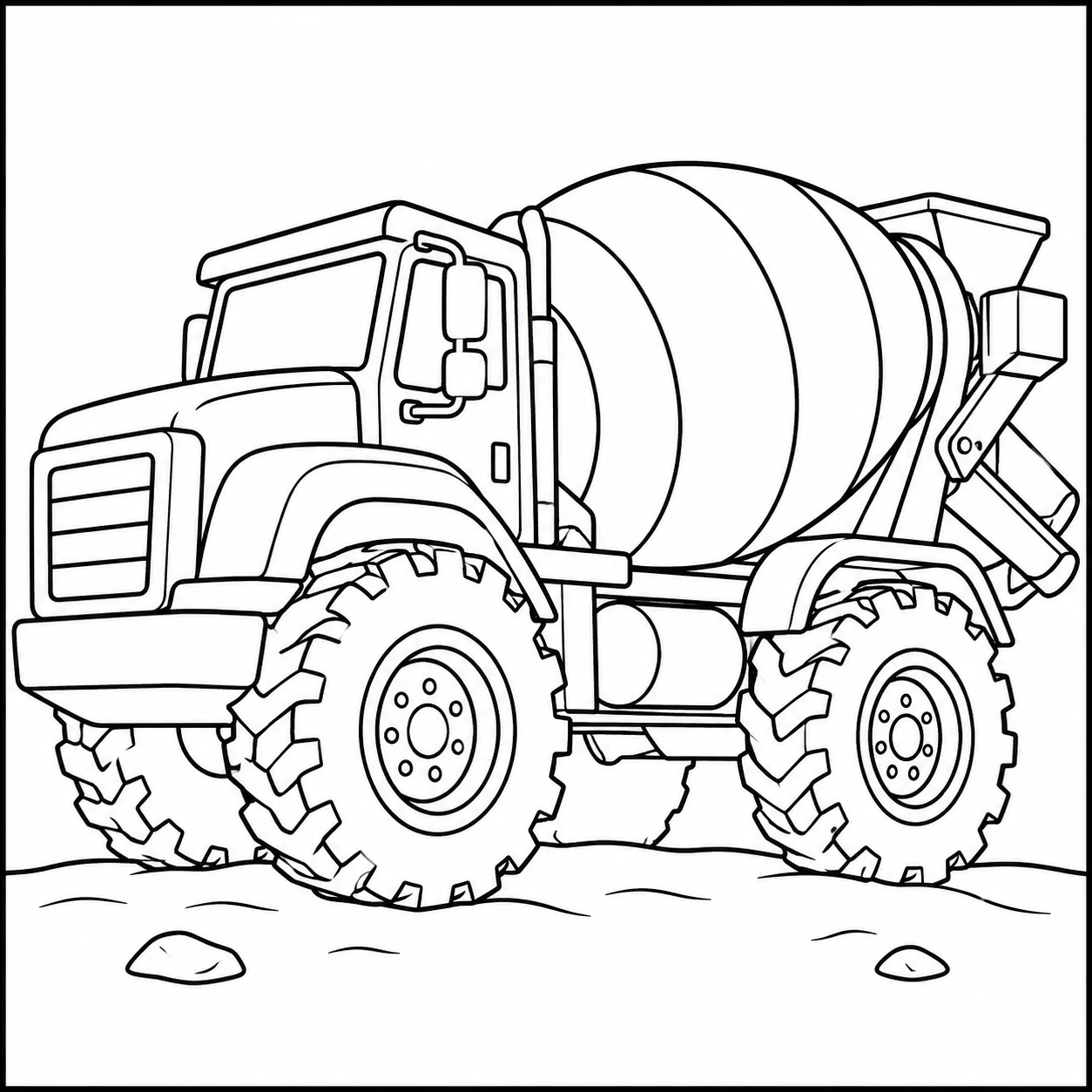 Robuuste betonmixer met extra grote terreinbanden rijdt over een rotsachtige ondergrond.