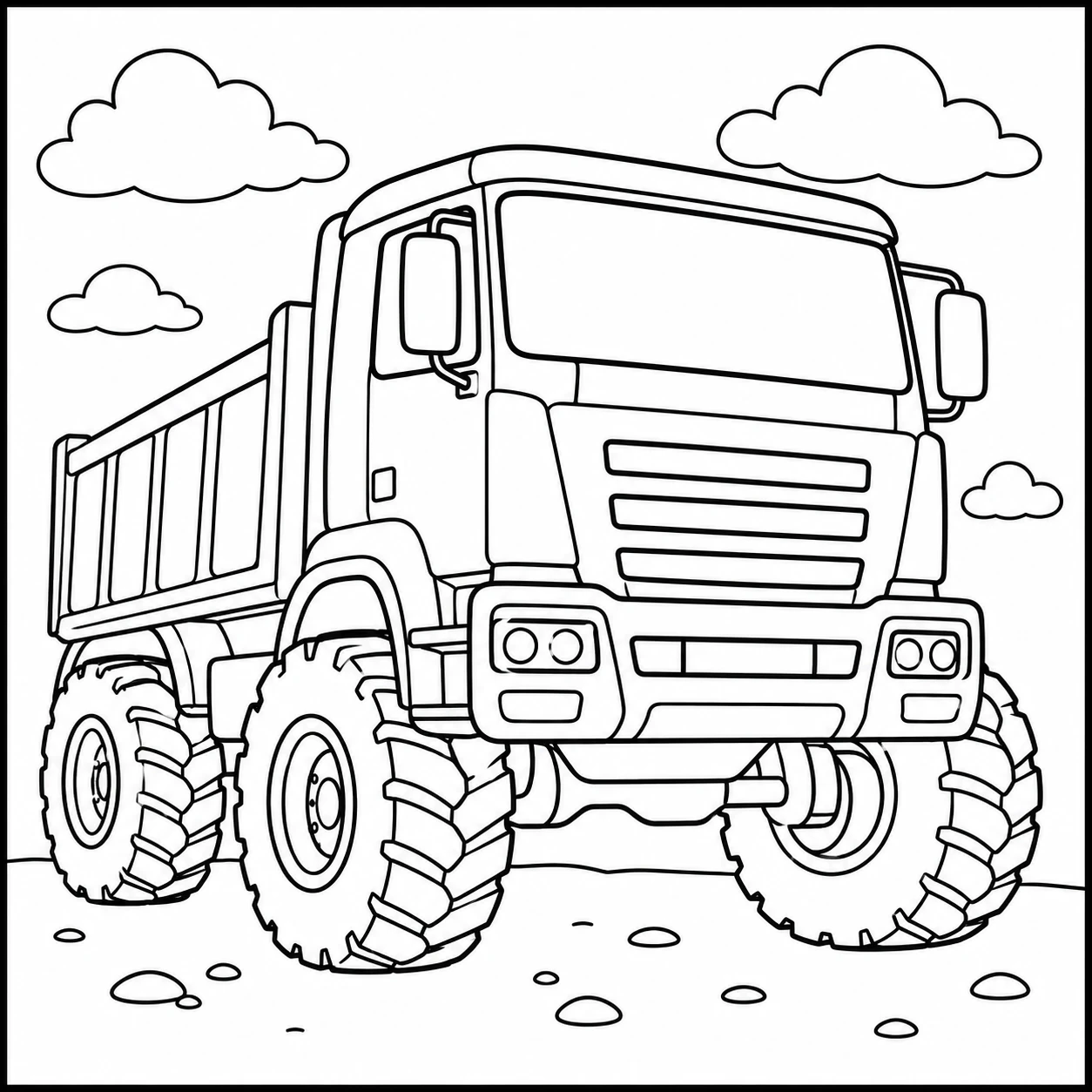 Robuuste kiepwagen met grote terreinbanden en een lege laadbak onder enkele wolken.