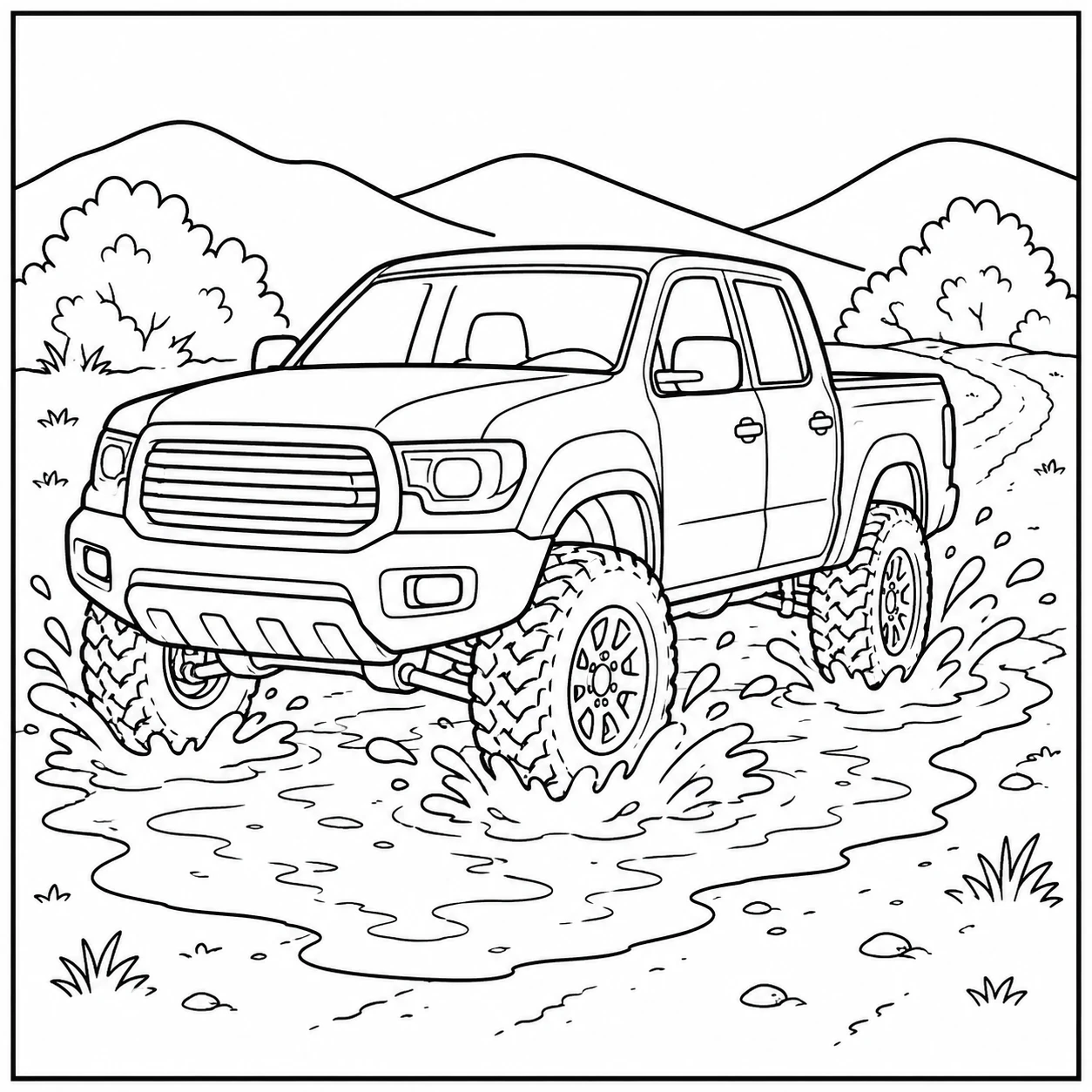 Een kleurplaat pickup truck rijdt door een modderplas tussen heuvels, struiken en opspattend water.