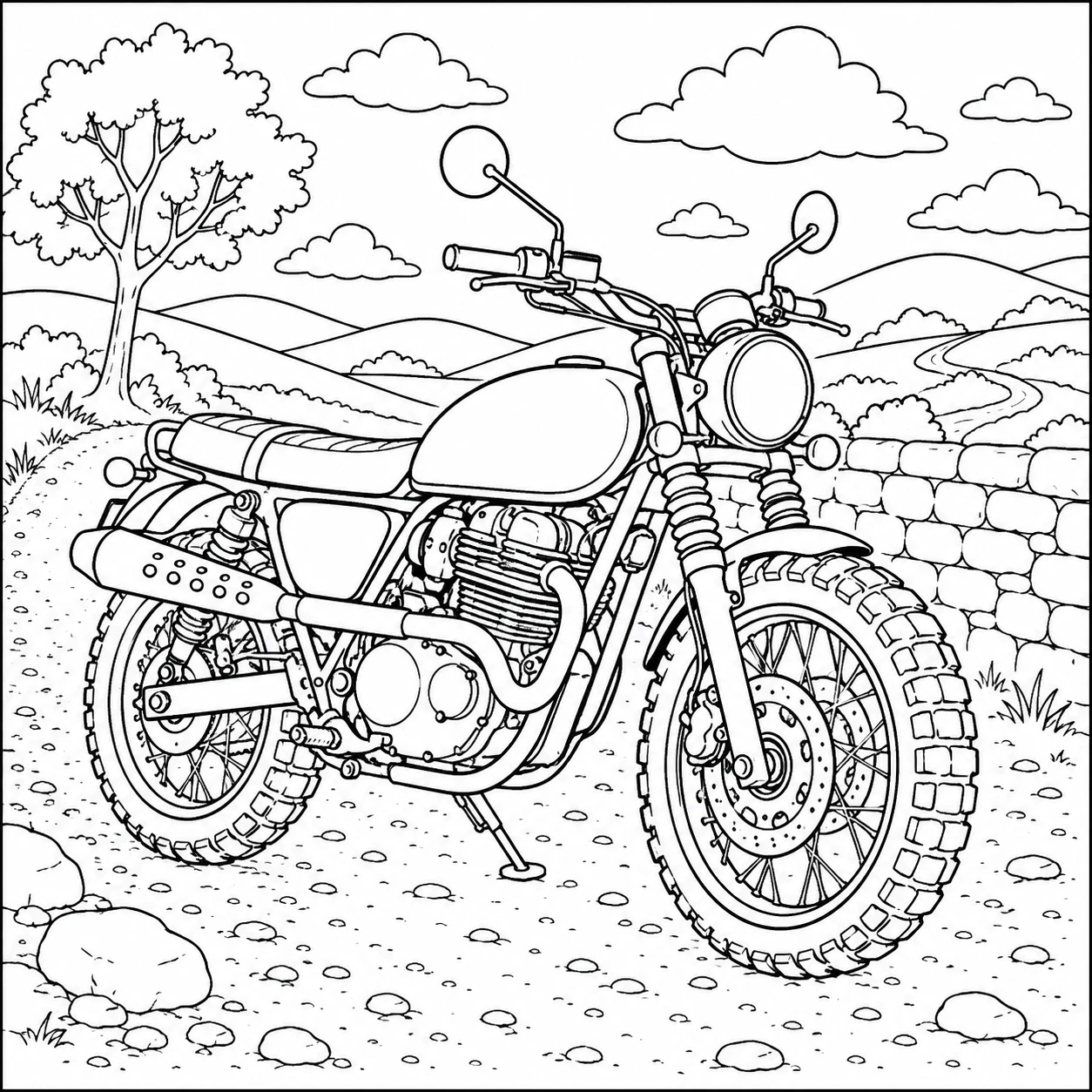 Robuuste scrambler op een stenig landpad, als honda motor kleurplaat met heuvels en een lage muur