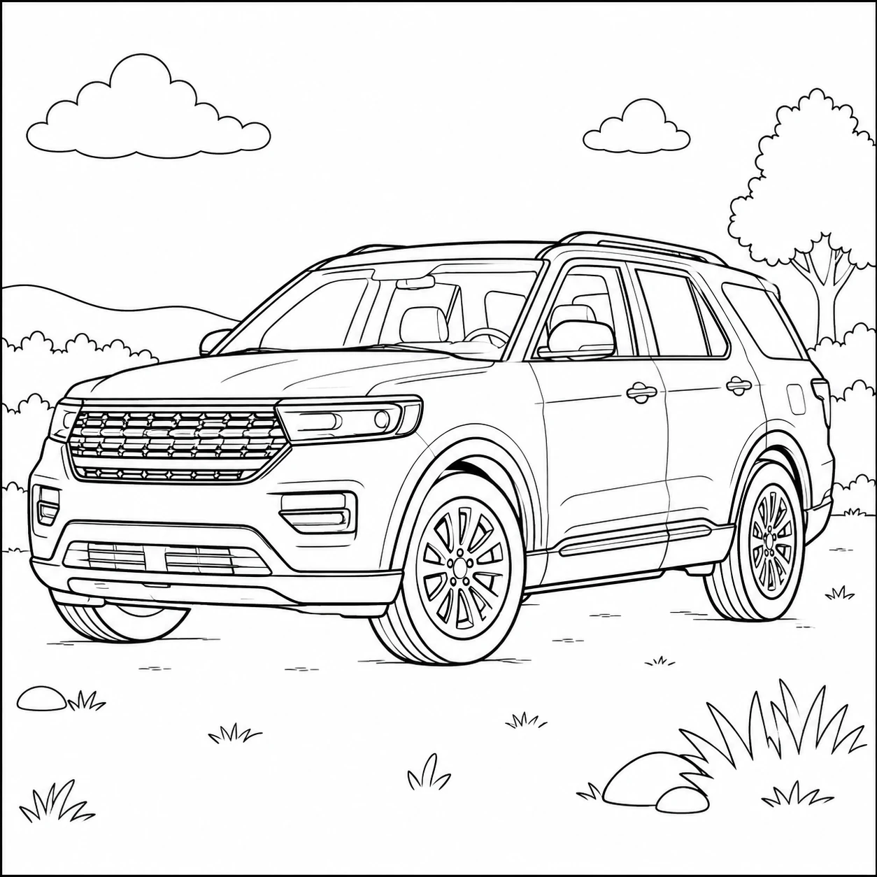 SUV met hoge carrosserie en brede banden in een open landschap