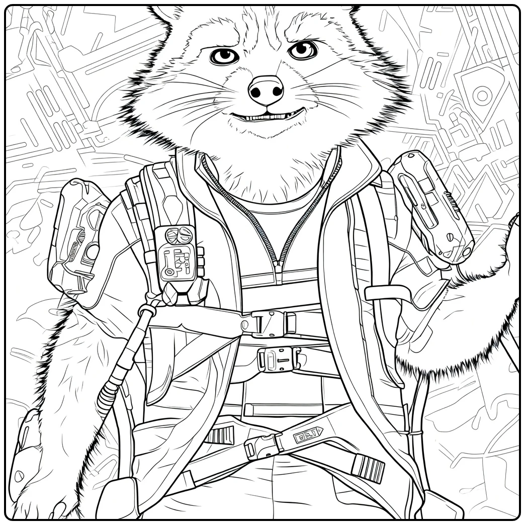 Rocket Raccoon Kleurplaat van een antropomorfe wasbeer met harnas en handheld apparaat