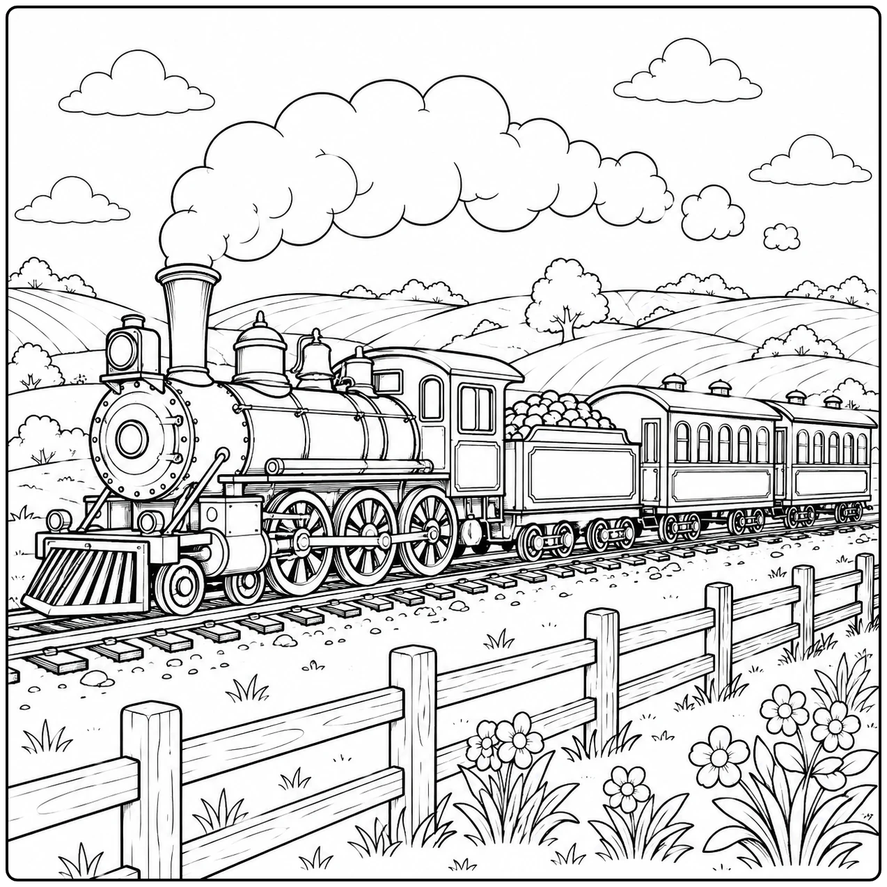 Lange stoomtrein rijdt door een open landschap met rookwolken, hekwerk en heuvels op de achtergrond
