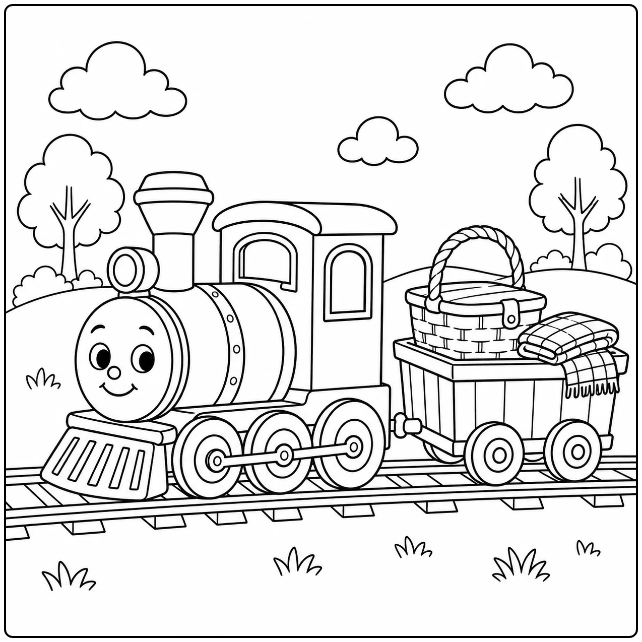 Feestelijke stoomtrein trekt een wagon met mand en lekkernijen door een rustig groen landschap