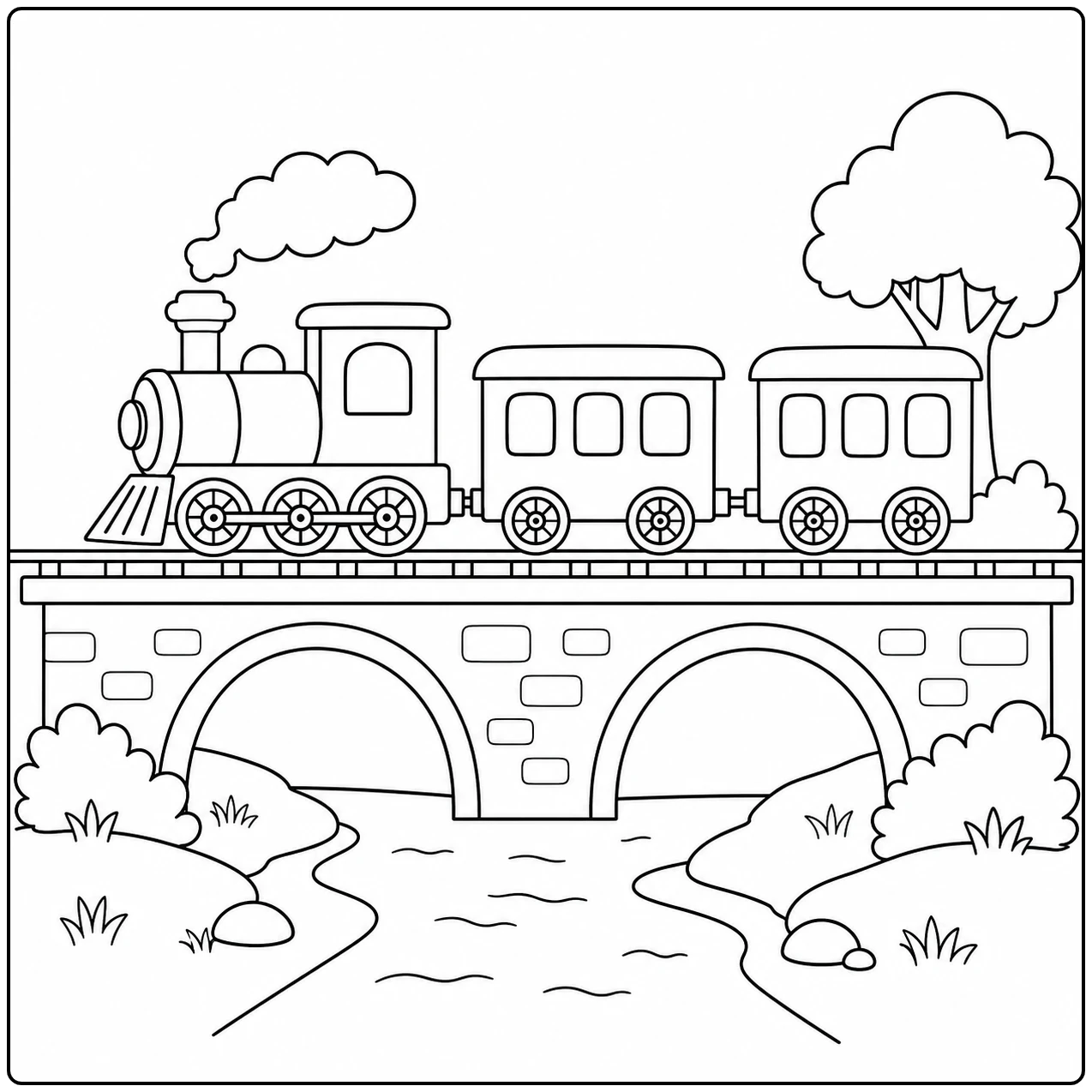 Stoomlocomotief met twee wagons rijdt over een stenen brug boven een kronkelende beek