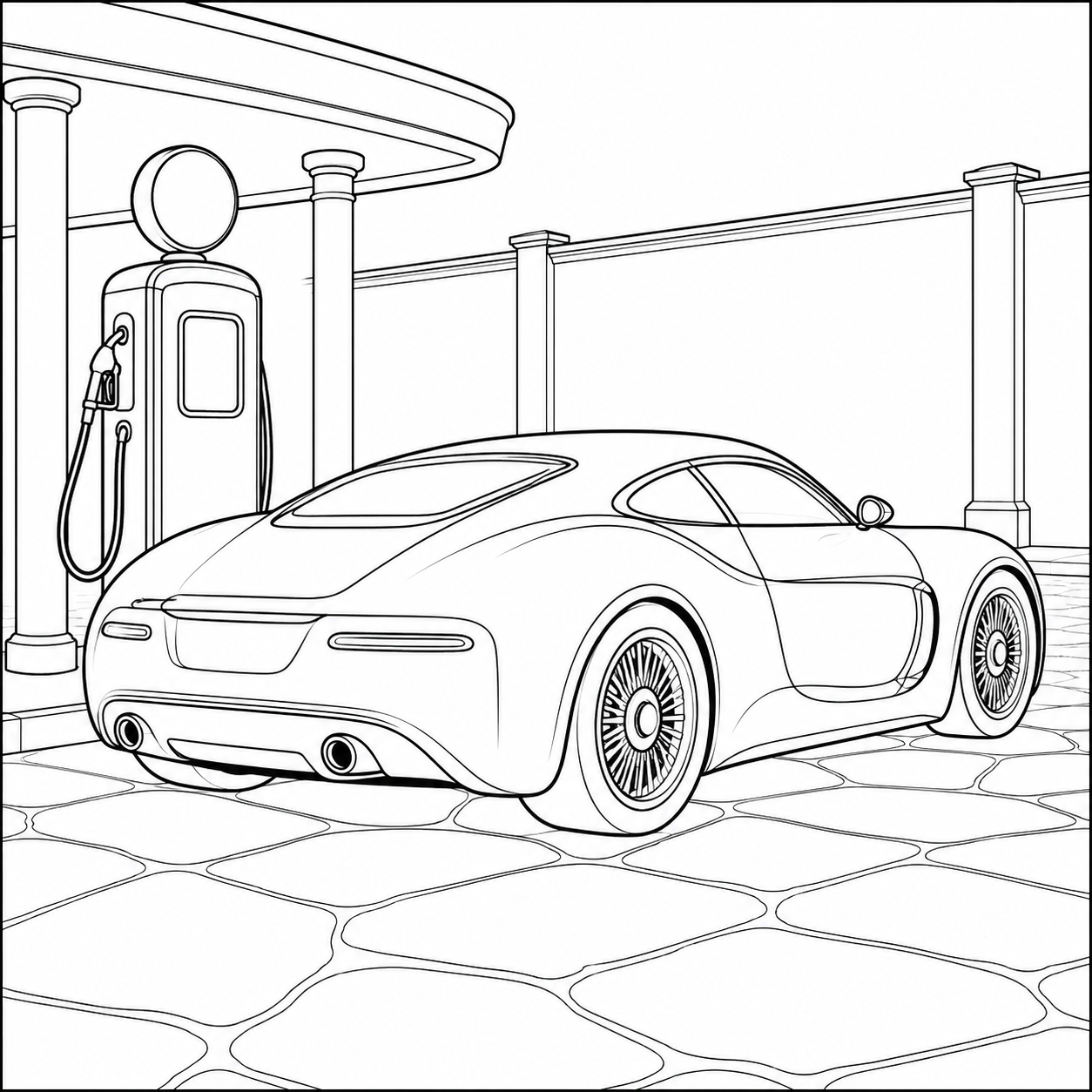 Lage Bugatti bij een modern tankstation, met brandstofpomp en overkapping op de achtergrond.