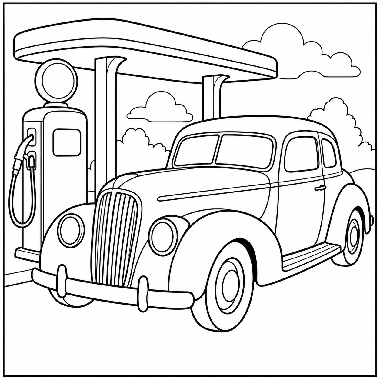 Bij een ouderwetse benzinepomp staat een kleurplaat oude auto onder een eenvoudig afdak.