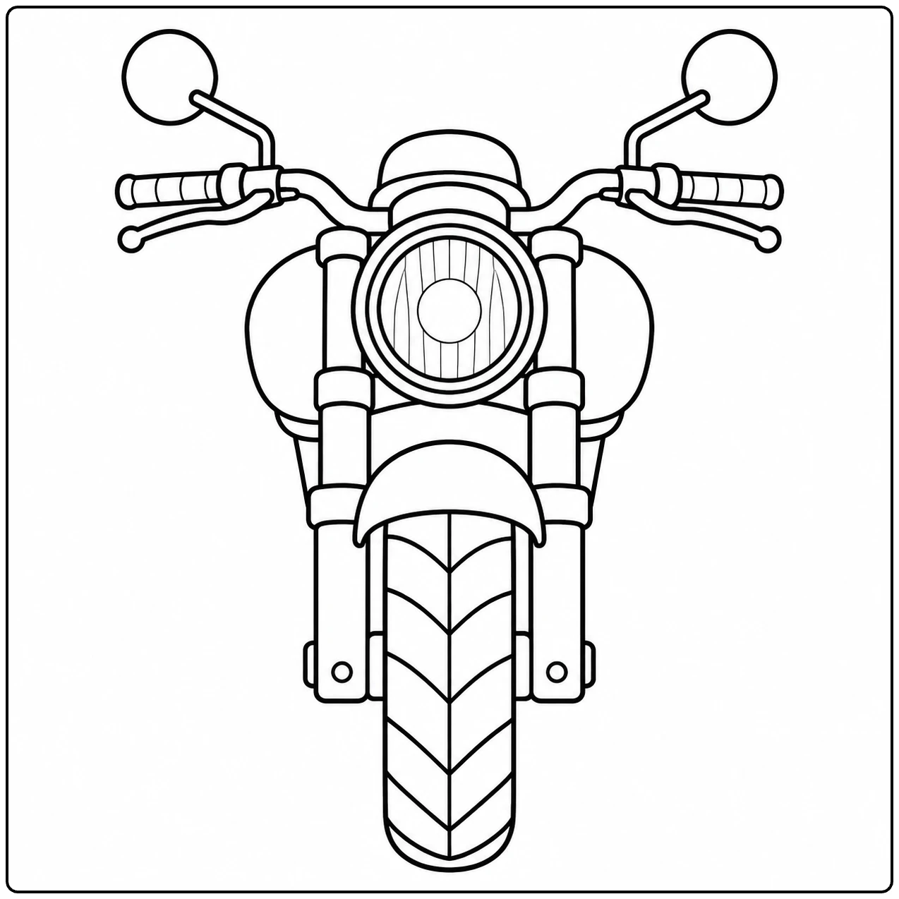 Vooraanzicht van een klassieke straatmotor met brede voorband, ronde koplamp en spiegels