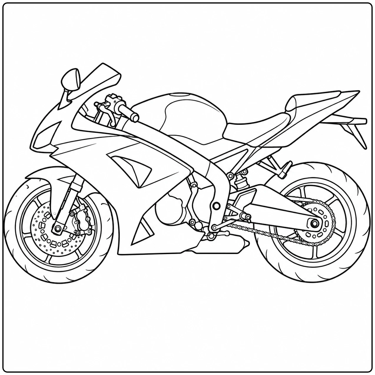 kleurplaat motor kawasaki met een gestroomlijnde sportmotor in zijaanzicht op een witte achtergrond
