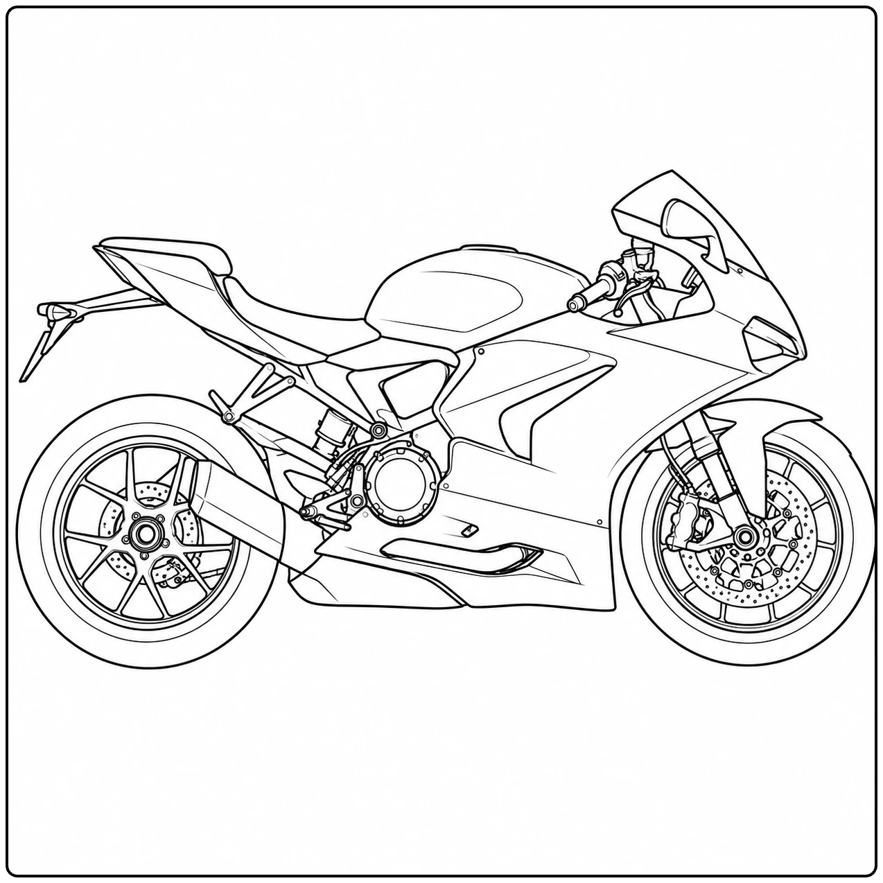 Volledig zijaanzicht van een moderne sportmotor met kuip, uitlaat en grote remschijven.